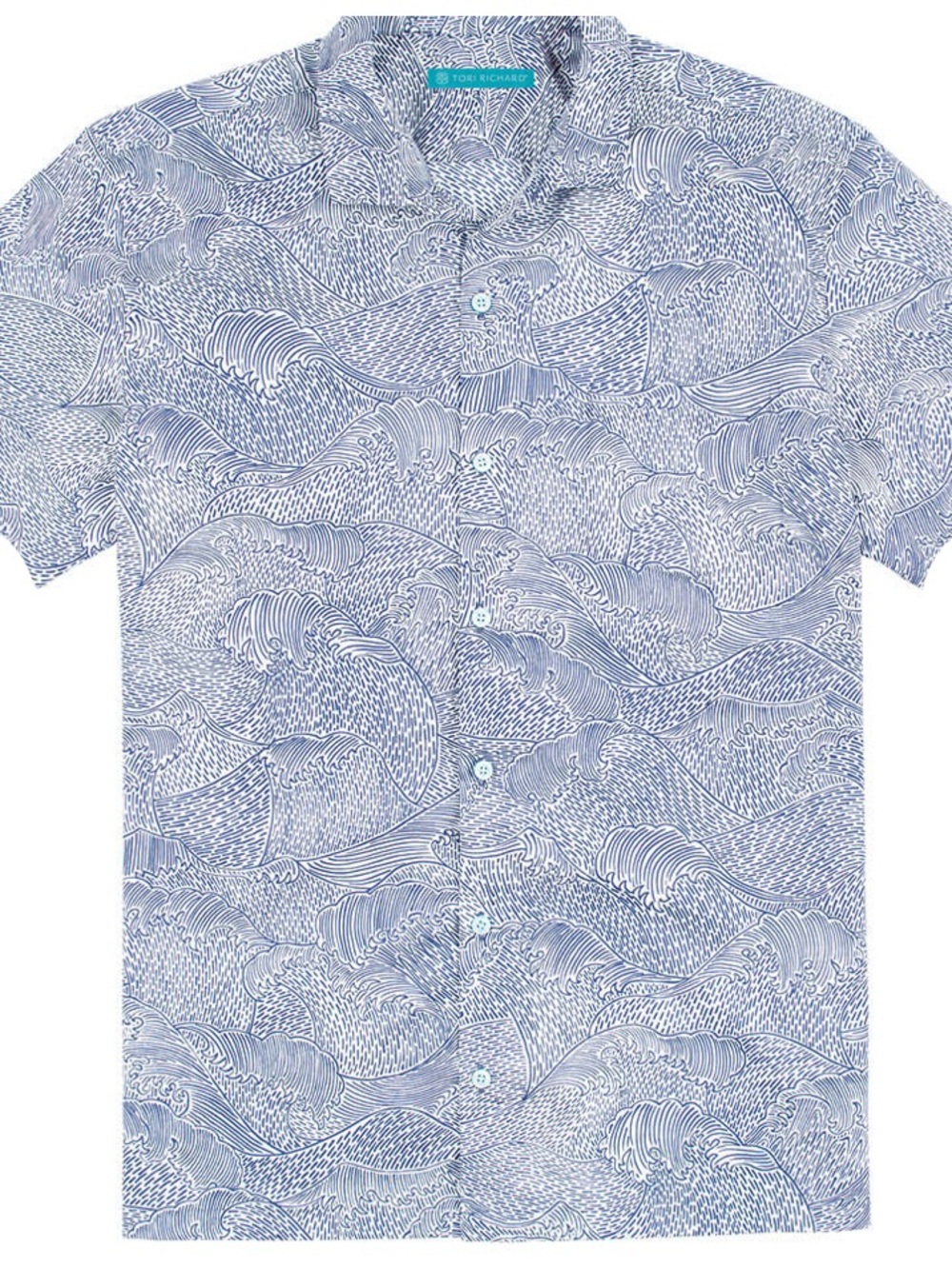 Tori Richard Light Blue Wave-Print Short Sleeve Button-Up Shirt